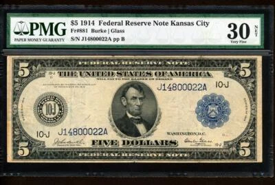 Fr.881 1914 $5 KANSAS CITY "BURKE-GLASS" PMG VERY FINE 30 SUPER RARE COLLECTIBLE - Image 1 of 2