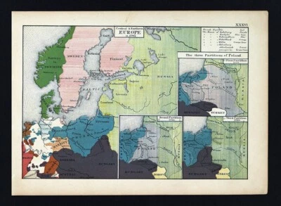 Mapa Labberton 1873 Norte de Europa 1795 Noruega Dinamarca - 3 divisiones de Polonia Foto 1 de 4