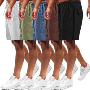 Pantalones Cortos Algodón Lino Cintura Elástica Cordón Verano Sueltos Sueltos Informales EE. UU. - Imagen 1 de 14