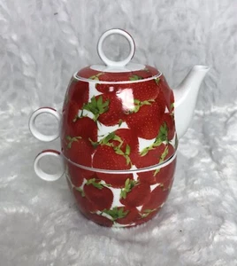 NK Fine Porceiain Strawberry Design Tea for One with Cup Lid Teapot Stackable - Picture 1 of 10