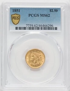 1851 LIBERTY HEAD $2.5 QUARTER EAGLE GOLD PCGS MS62 - Picture 1 of 4