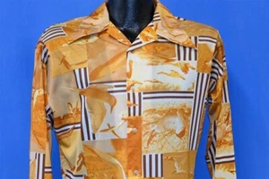 CAMISA DE NAILON VINTAGE AÑOS 70 DISCO GAVIOTAS AMARILLO ABSTRACTO CUELLO GRANDE JOVEN XL 20 - Imagen 1 de 3