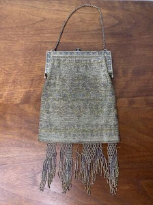 Vintage Bead Bag Carved Metal Frame Purse Silver Fringe Art Deco Handbag Antique - Picture 1 of 10