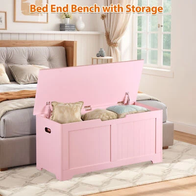 Baúl de almacenamiento rosa 39,4" caja de juguetes organizador banco cofre de madera con 2 bisagras de seguridad Foto 1 de 4
