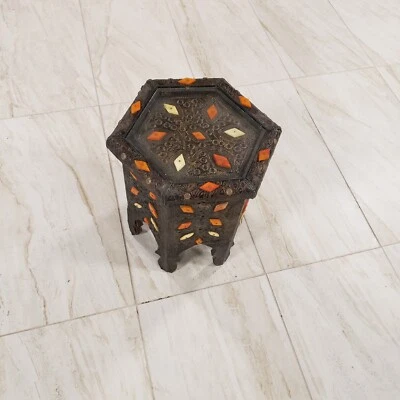 Unique Moroccan Side Table, Handmade Brass, and Inlaid Camel Bones  - Image 1 of 4