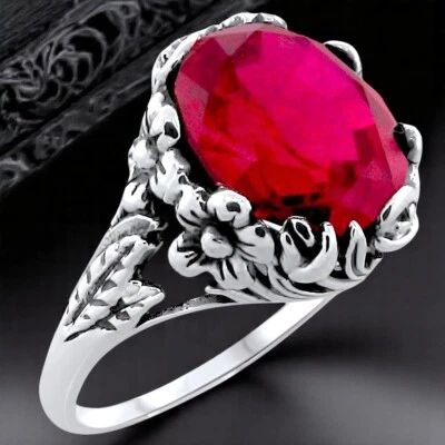 NOUVEAU ANTIQUE STYLE 925 STERLING SILVER 6 CARAT LAB-CREATED RUBY RING     #305 - Image 1 of 4