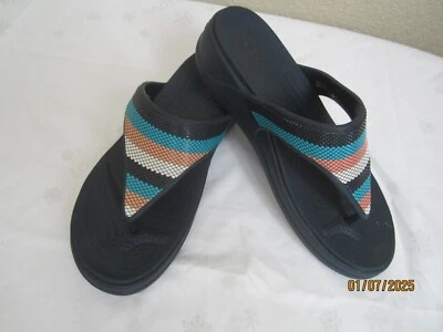 Crocs Monterey Sandals Womens Size 8 Beaded Multicolor Stripe Wedge Flip Flop - Image 1 of 4