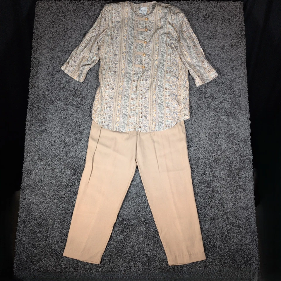 De colección T.R. Conjunto de 2 piezas blusa pantalones para mujer Bentley 14/12 beige floral rayas usado en excelente estado Foto 1 de 4