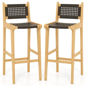 2PCS 30" Teak Wood Bar Chair w/ Backrest & Footrest Bar Height Chair for Deck - Picture 1 of 7