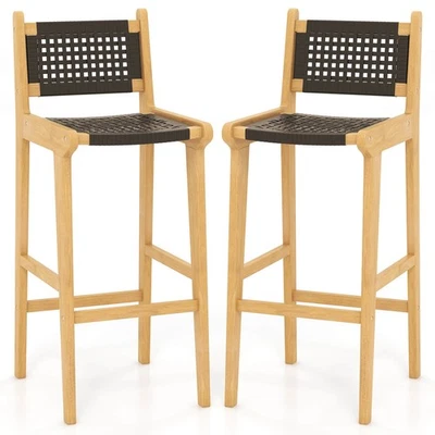 2PCS 30" Teak Wood Bar Chair w/ Backrest & Footrest Bar Height Chair for Deck - Image 1 of 4