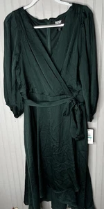 DKNY Dress Womens 16 Green Long Sleeve Wrap Belted Midi Textured New $129 - Picture 1 of 15