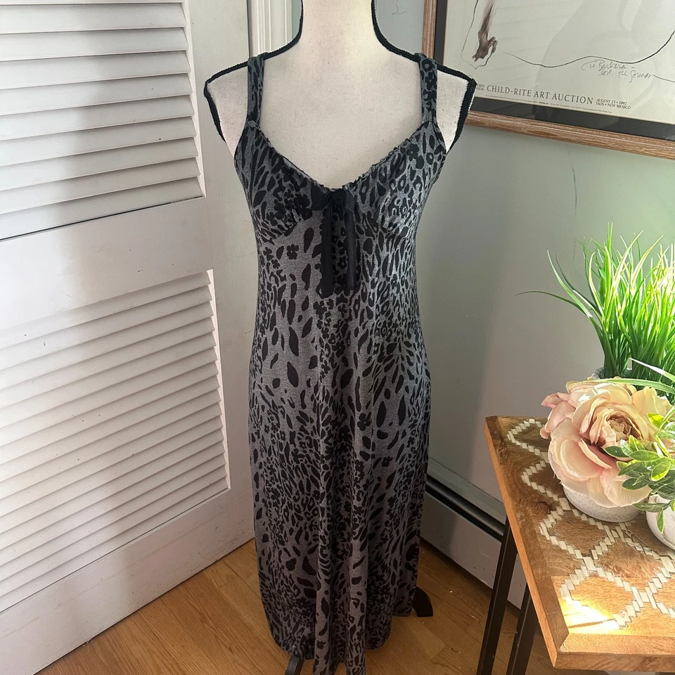 JONES NEW YORK Womens Night Dress Small Gray Leopard Print Retro Y2K Jersey Midi - Image 1 of 4