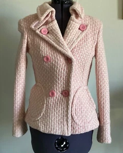 Pink Vintage 60s Wool Tweed Jacket Double Breasted Cute Pockets S XS - Picture 1 of 9
