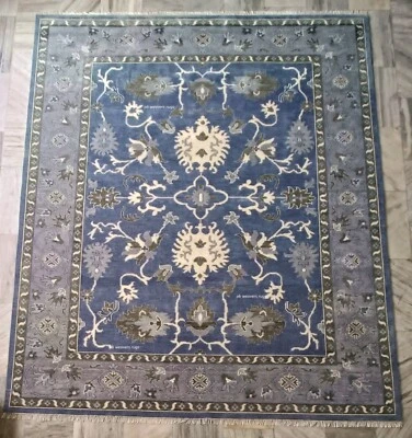 Blue Grey Oushak Rug, Floral Turkish Hand-Knotted Rug, Home decor Rug, area Rug. - Image 1 of 4