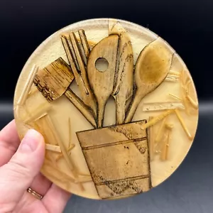 70s Small Vintage Lucite Trivet Hot Plate w/ Wooden Utensils 5.25" Round GUC - Picture 1 of 12