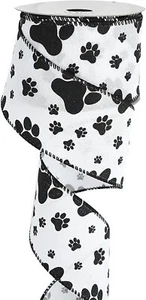 WEISSE SACKLEINEN große kleine schwarze Pfoten Pfotenabdruck Pfotenabdruck 2,5" Drahtband Meterware - Bild 1 von 2