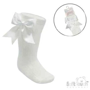 Baby Girls Knee High Satin Bow Socks Cream Soft Touch 0-24 Months UK - Picture 1 of 2