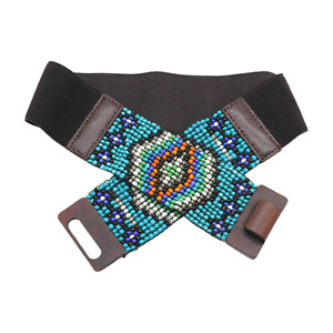 Women Blue Beads Elastic Ethnic Southwestern Fashion Belt Brown Wood Buckle S M