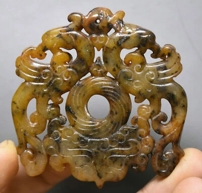 6.5cm Hongshan Culture Old Jade Carving Phoenix Bird Beast Face Amulet Pandant - Image 1 of 4