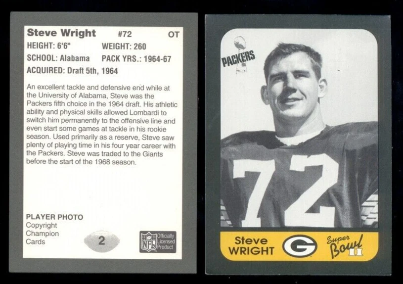 1991 CCP STEVE WRIGHT Green Bay Packers Super Bowl II 25th Anniversary Card - Image 1 of 1