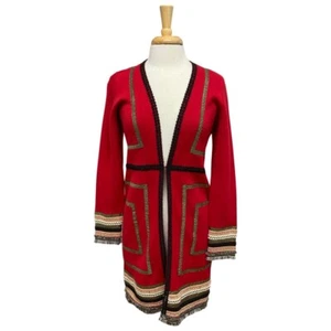 Chicos Reba Womens Red Cardigan With Tribal Embroidered Trim & Open Front - Picture 1 of 13
