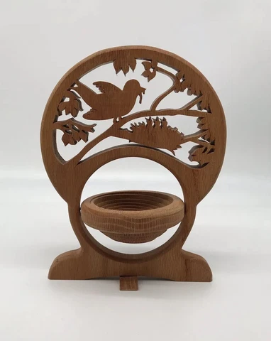Scroll Saw Wooden Collapsible Basket Bowl Mother Bird In Tree Handmade Rustic Cover