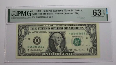 $1 1993 Near Solid Serial Number Federal Reserve Bank Note Bill UNC63 #55505555 - Image 1 of 3