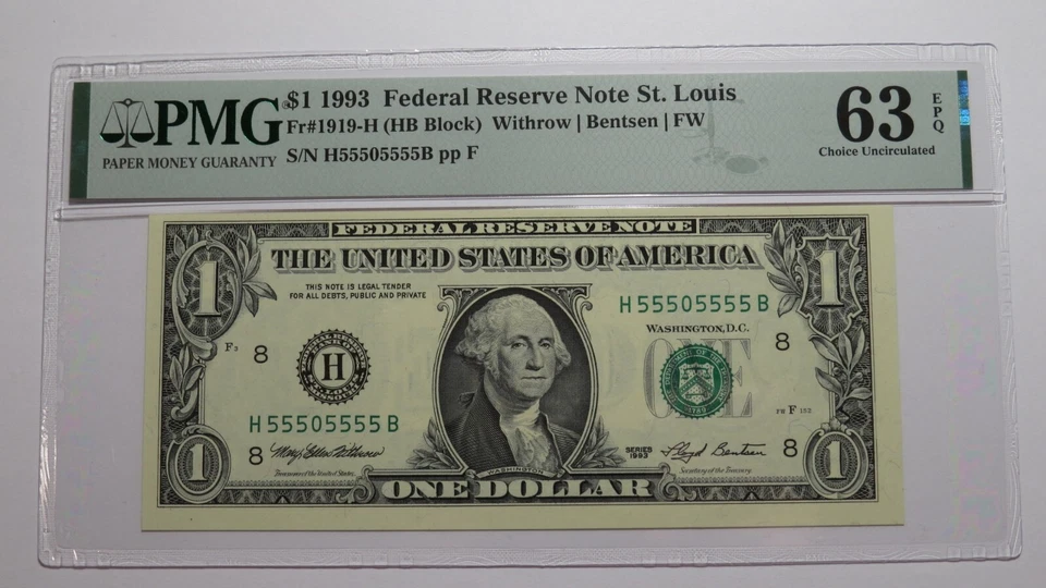 $1 1993 Near Solid Serial Number Federal Reserve Bank Note Bill UNC63 #55505555 - Image 1 of 3