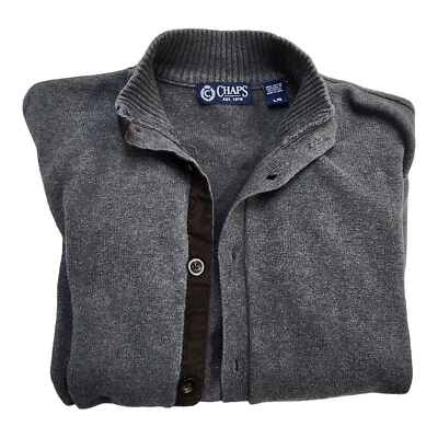 Cárdigan Suéter Vintage Chaps RL Gris Algodón Marrón Parches en el Codo Chal Tejido L Foto 1 de 4