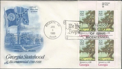 Scott 2339 FDC with block of 4 - 22 cent - 1988 - Georgia Statehood - FDOI - Image 1 of 2