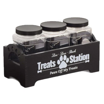 Contenedor de golosinas para perros cajas de almacenamiento de bocadillos de madera para mascotas regalo con 3 tarros de golosinas Foto 1 de 4