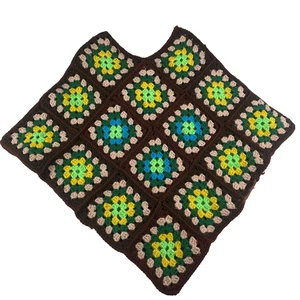 Handmade Crochet Granny Square Poncho Multicolor Retro Boho Small See Measure - Picture 1 of 7