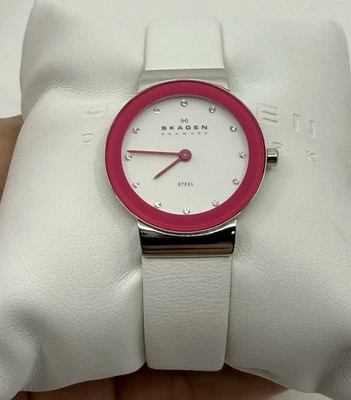 Skagen Denmark Women's Quartz Watch Silver Pink Tone White Leather Band Foto 1 de 4