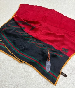 GUCCI Silk Scarf 24"x67" Red Black Green Stripe Logo Long Stole Italy - Picture 1 of 21