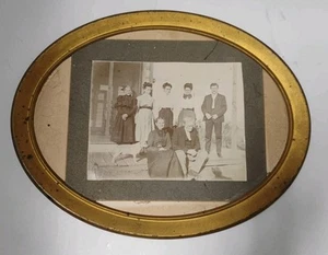 Original Antique Family Photo Gentleman Ladies And Dog Oval Frame No Glass - Picture 1 of 4
