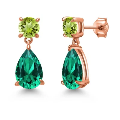 18K Rose Gold Plated Silver Nano Emerald and Peridot Teardrop Dangle Drop - Image 1 of 4