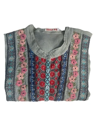 JOHNNY WAS Sea Green Kabuki Embroidered Floral Boho Fly-Away Blouse Top Large - Image 1 of 4