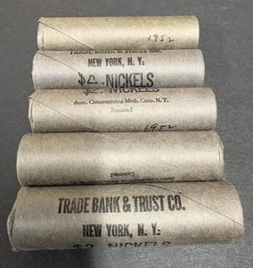 1952 origininal bank wrapped OBW unc rolls nickels - Trade Bank & Trust Co. NY - Picture 1 of 4