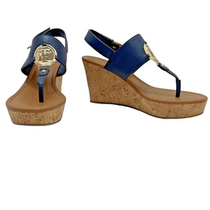 Tommy Hilfiger Manne Womens NAvy Blue Faux Leather Wedge Cork Heel Sandals 8 M - Picture 1 of 7