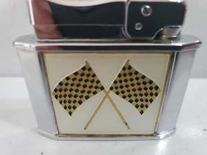 NOS Vintage Working ROGERS Lighter Checkered Crossed Flags Silver, Enamel, UNLIT - Picture 1 of 12