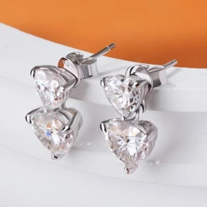 3-6CT D VVS1 Heart Cut Moissanite Stud Drop Earrings Women's 925 Sterling Silver - Picture 1 of 14