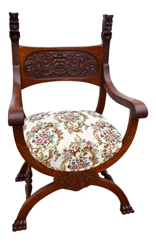Antique Carved Oak Jacobean Style U Shaped Chair w/Figural Faces Cover