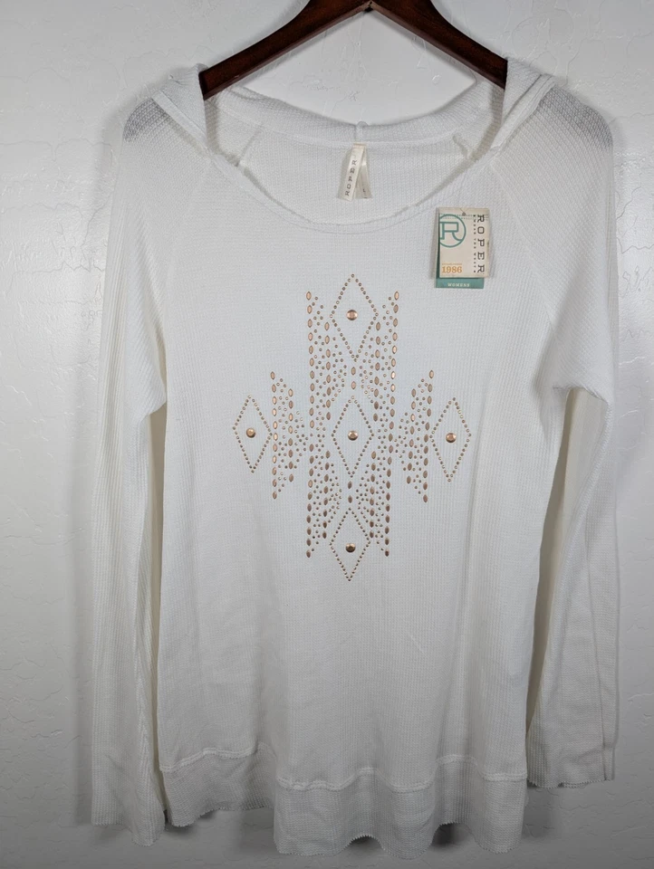 Sudadera con capucha Roper Top para mujer grande blanca adornada diseño suroeste tejido gofre nueva Foto 1 de 4