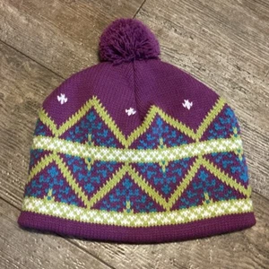 L.L. Bean Kids Winter Pom Pom Beanie Hat Purple Green Girls L/XL NWT USA MADE - Picture 1 of 5