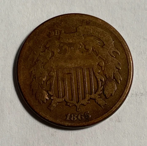 ERROR 1865 2C Rev. die break & cud (#11845) D in United connected to rim Unusual Cover