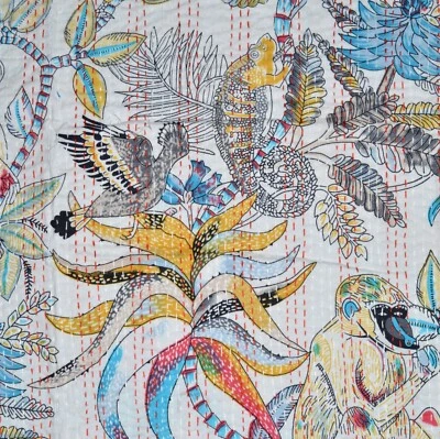 Queen Bedcover Handmade Bed Sheet Indian Kantha coverlet Cotton Throw Bedspread - Image 1 of 4