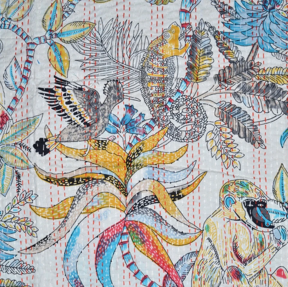 Queen Bedcover Handmade Bed Sheet Indian Kantha coverlet Cotton Throw Bedspread - Image 1 of 4