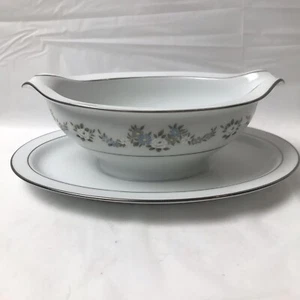 Noritake Leonore 6676 Gravy Boat with Attached Plate Gray White Blue Flowers - Picture 1 of 8