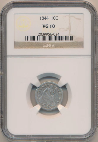 1844 Seated Liberty Dime. NGC VG10 Cover