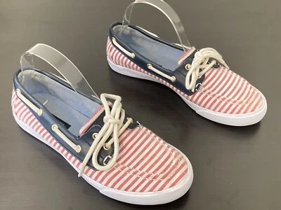 Sapatos de barco listrados vermelhos brancos azuis Tommy Hilfiger tamanho patriótico 7,5 - Imagem 1 de 4